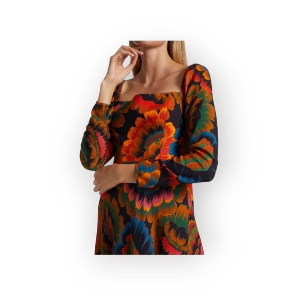 Farm Rio Floral Crepe Midi Dress Smocked Back Square Neck Viscose Size S - Picture 2 of 16